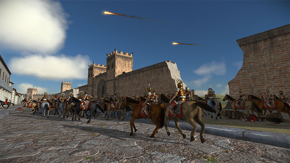 Greek cavalry tear through a Roman settlement.
