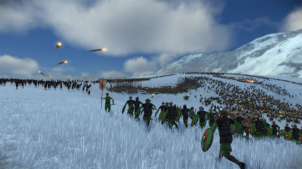 Charging Gauls brave snow and enemy fire.